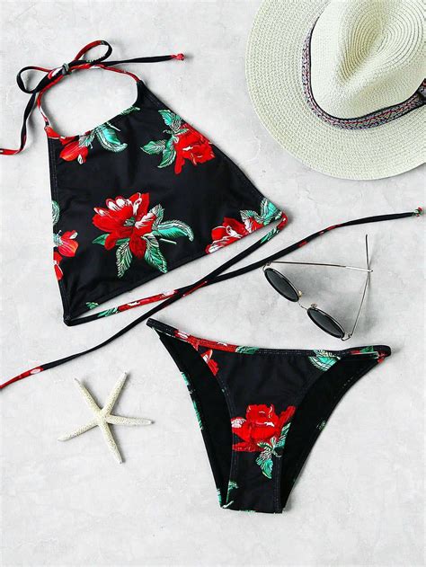 Flower Print Halter Neck Self Tie Bikini SetFor Women Romwe