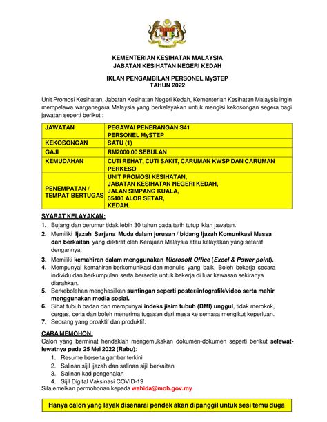 Iklan Jawatan Jabatan Kesihatan Negeri Kedah Jobs Hub