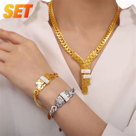 Necklace Bracelet Set Advanced 18K Plated Women Hip Hop Collarbone