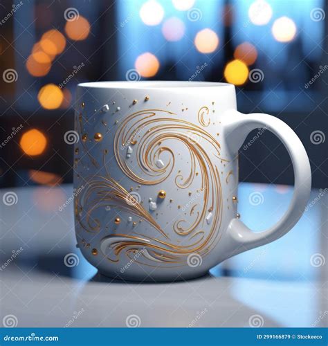 Photorealistic White And Gold Coffee Mug With Swirls And Lights Stock