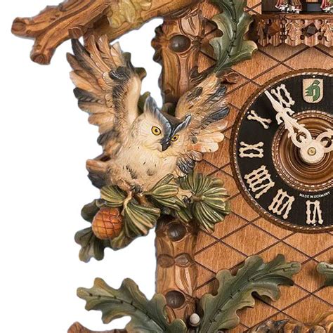 Carved 8 Day Musical Colourful Cuckoo Clock With Two Large Owls Six S