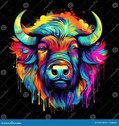 Painting Colorful Of A Bison Head On Black Background Mammals Wild