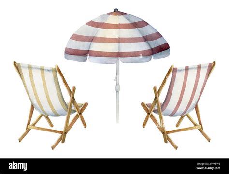 Hand Drawn Watercolor Composition Striped Beach Accessories Umbrellas