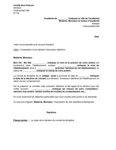 Exemple gratuit de Lettre contestation une décision exclusion