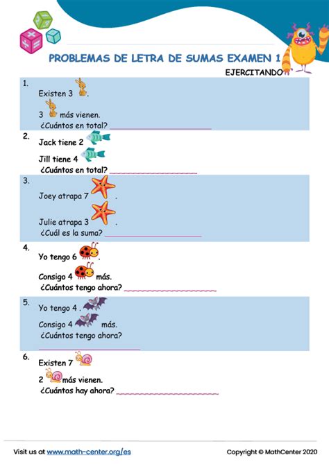 Primer Grado Pruebas Problemas De Sumas Math Center