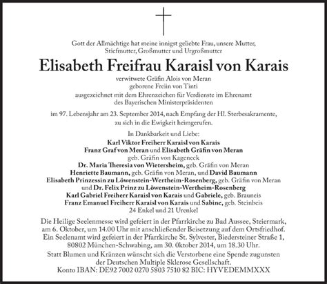 Traueranzeigen Von Elisabeth Freifrau Karaisl Von Karais Sz Gedenken De