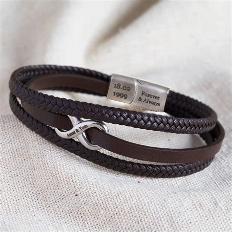 Men S Personalised Brown Leather Stainless Infinity Bracelet