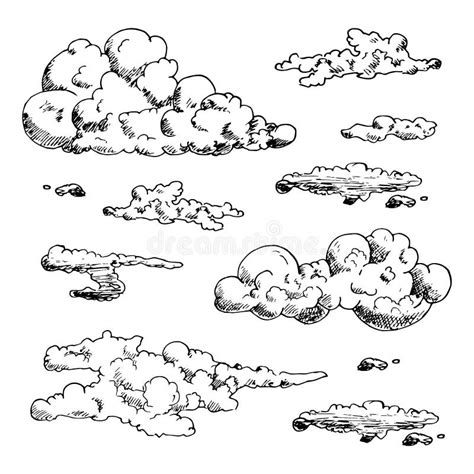 Hand Drawn Vintage Engraved Clouds Vector Set Detailed Ink