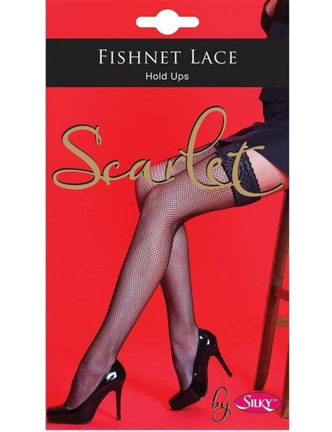 Silky Scarlet Black Fishnet Lace Top Hold Ups Stockings Kiss Tights