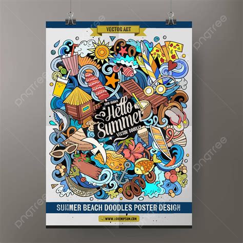 Cartoon Vector Doodles Summer Beach Poster Template Seaside Cartoon