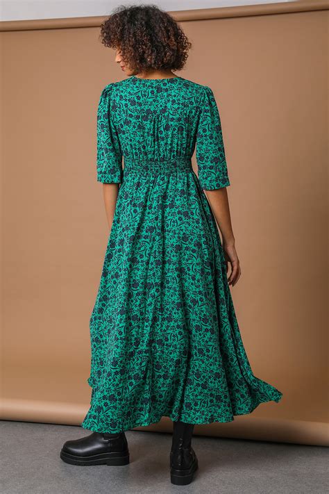 Green Floral Print Shirred Waist Maxi Dress Roman Uk