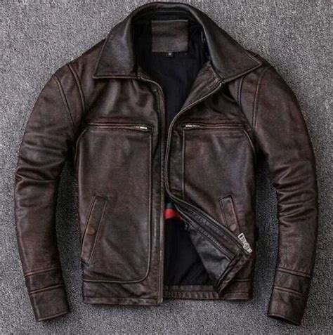 Mens Brown Vintage Distress Biker Motorcycle Real Leather Jacket Men