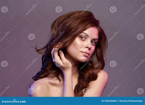 Pretty Woman Naked Shoulders Hairstyle Bright Makeup Stock Photo