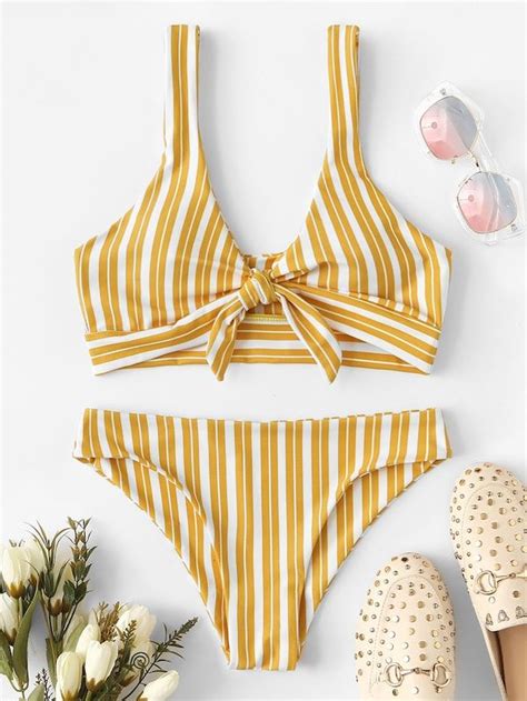 Random Striped Knot Front Bikini Set Shein Sheinside Gestreifter