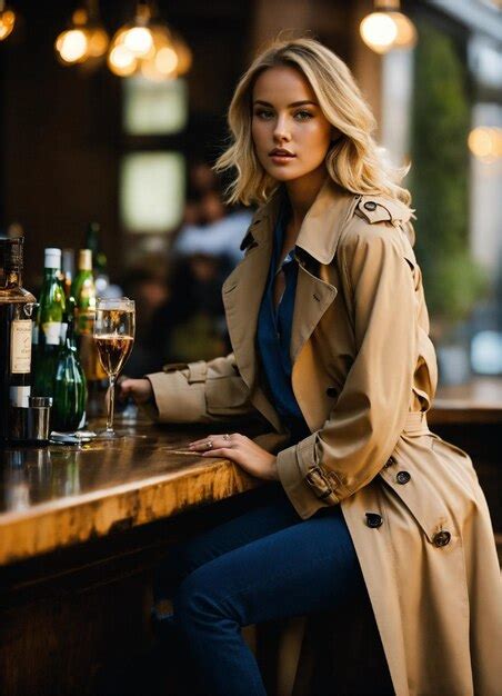 Premium Photo Beautiful Blonde Woman Wearing Trench Coat Sitting On A Bar