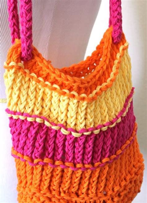 Knitted Bag Bright Loom Knit Cotton Tote Bag By Sparkleknit Loom