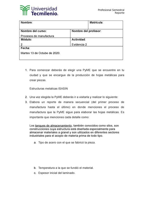 Evi Procesos De Manufactura Profesional Semestral Reporte Nombre