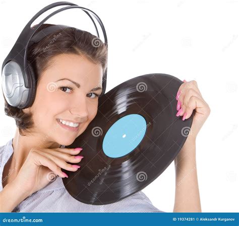 Brunette In Headphones With Vinyl Record Stock Image Image Of Music