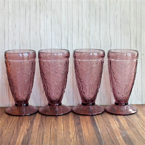 Vintage Indiana Glass Tiara Sandwich Purple Amethyst Iced Tea Glasses Tumblers Set Of 4 Daisy