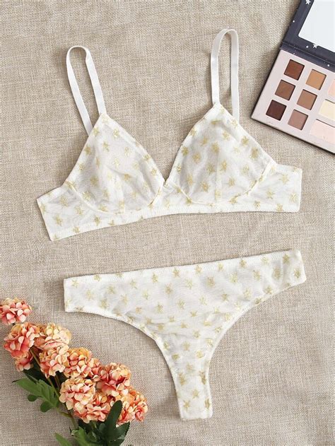 Star Print Lace Thong Lingerie Set Shein Uk