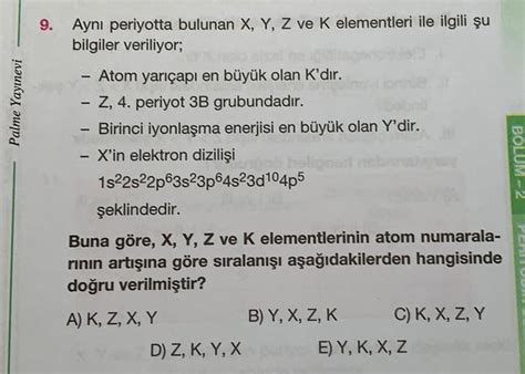 Palme Yayınevi 9 Aynı Periyotta Bulunan X Y Z Ve K Kimya