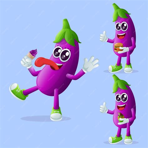 Premium Vector Cute Eggplant Characters Enjoying Food