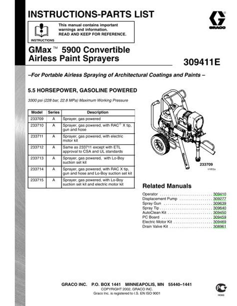 309411e Gmax 5900 Convertible Airless Paint Sprayers Graco Inc