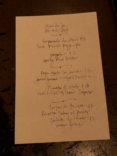 Menu at Chez Nous restaurant, Charleston