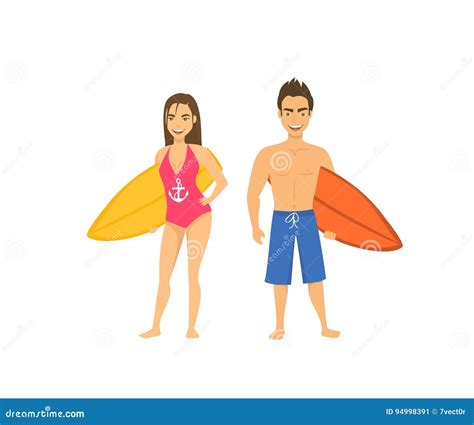 Surfers Couple Man And Woman Standing With Surfboards Isolated Stock