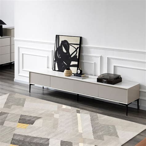 Italian Minimalist Off White Tv Stand Sintered Stone Top With Drawers