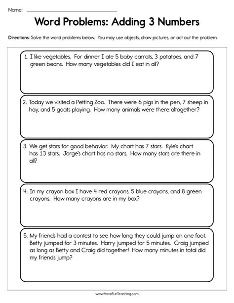 Word Problems Adding 3 Numbers Worksheet By Teach Simple