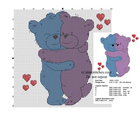 Back Stitch Cross Stitch Pattern Colored Teddy Bears Hugging Free