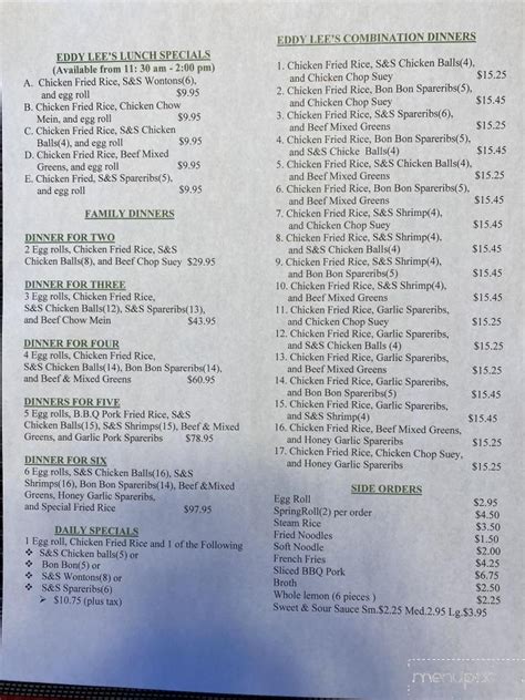 Menu Of Eddy Lee S Chinese Restaurant In Thunder Bay On P B K