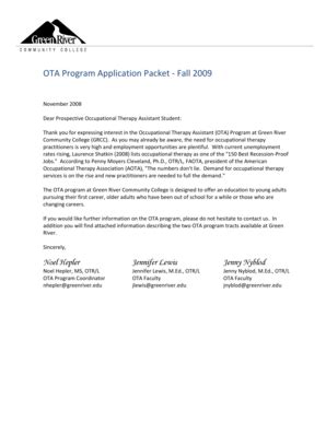 Fillable Online Instruction Greenriver OTA Program Application Packet