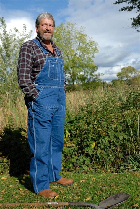 Farmer Grey Haired Bearded Farmer Wearing Bib Overalls