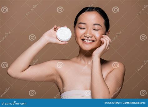 Positive Asian Woman With Naked Shoulders Stock Photo Image Of