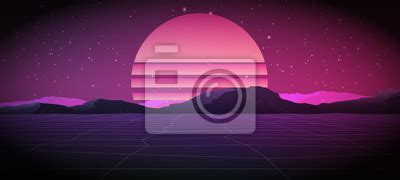 S Retro Sci Fi Background With Sunrise Or Sunset Vector Futuristic