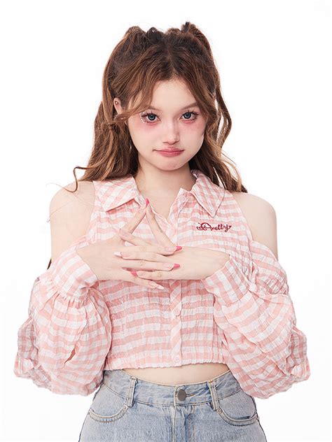 Cutout Shoulder Plaid Sparkling Pink Cropped Shirt