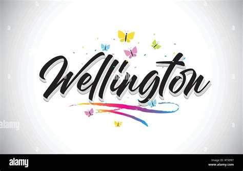 Wellington Handwritten Word Text With Butterflies And Colorful Swoosh Vector Illustration Design