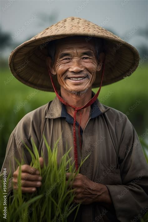 Stunning Portrait Of An Elder Rice Farmer Standing In A Rice Paddy