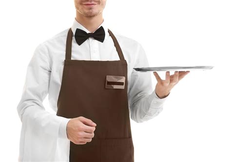 Premium Photo Waiter Holding Empty Silver Tray Over White Background