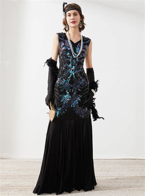 Women 1920s Long Prom Dresses V Neck Beaded Sequin Gatsby Maxi Etsy