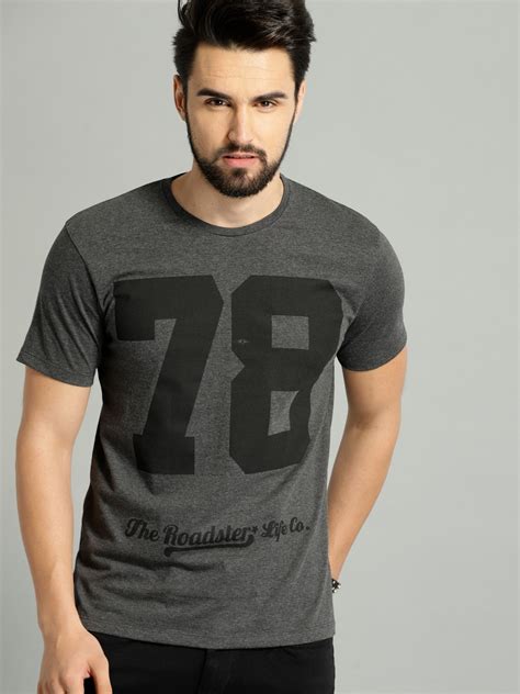 Buy Roadster Men Charcoal Grey And Black Printed Round Neck T Shirt