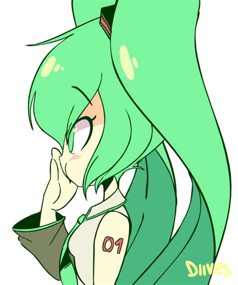 An Anime Character With Green Hair And Big Eyes Holding Her Hand To Her Face