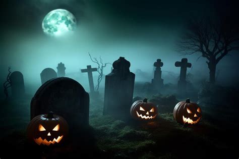 Premium Ai Image Halloween Pumpkins In A Cemetery In The Moonlight