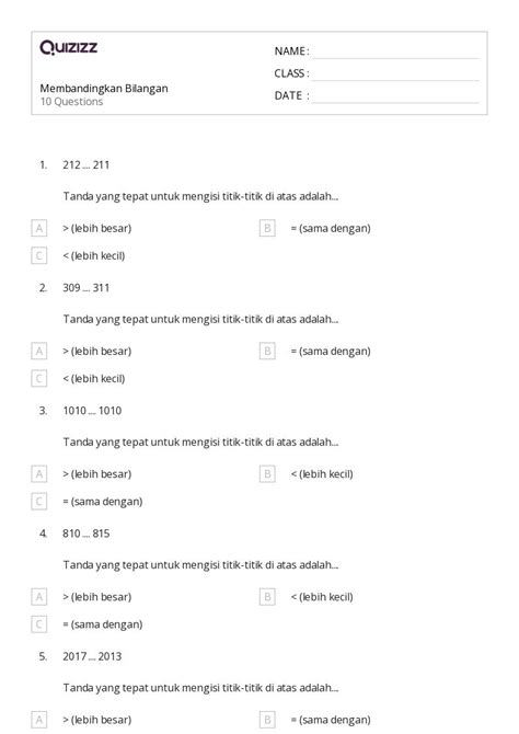 Lembar Kerja Membandingkan Bilangan Untuk Kelas Di Quizizz