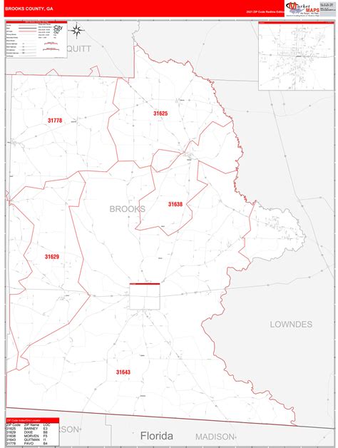 Brooks County, GA Zip Code Wall Map Red Line Style by MarketMAPS - MapSales.com