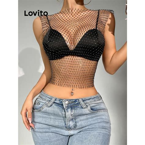 Lovito Elegante Blusa Feminina Lisa De Malha Strass Lnl