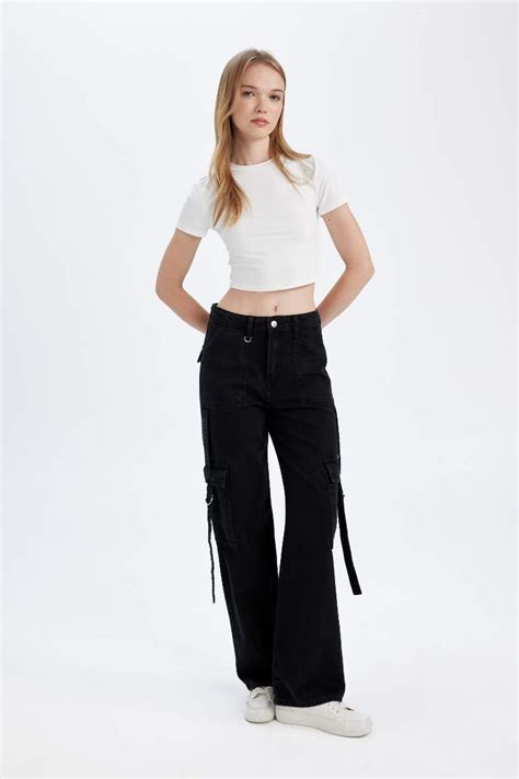 Noir Femme Pantalon Jean Cargo Taille Haute Et Jambes Larges