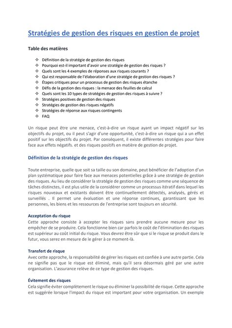 SOLUTION Strat Gies De Gestion Des Risques En Gestion De Projet